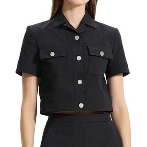 Theory Seersucker Cropped Short Sleeve Jacket Navy Size 10 NWT